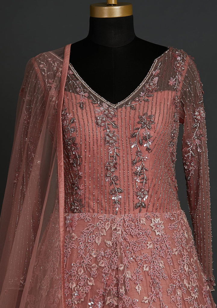Pink Cutdana Net Designer Gown - koskii