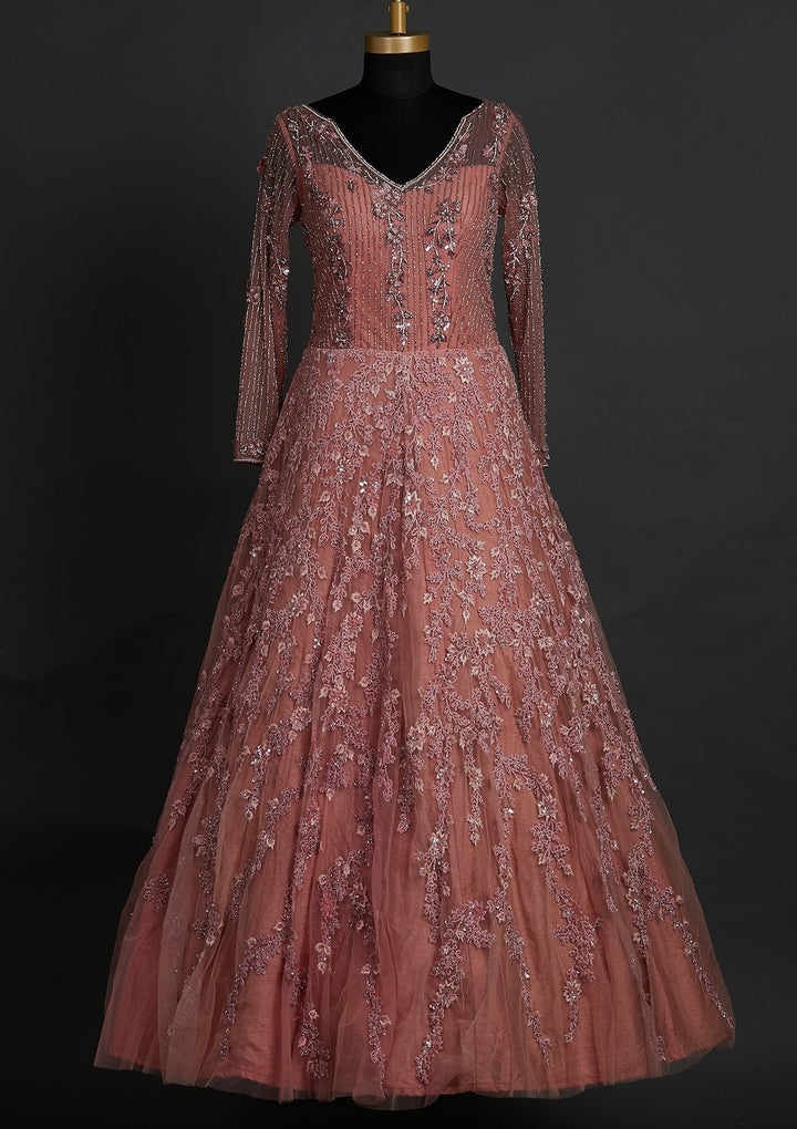 Pink Cutdana Net Designer Gown - koskii