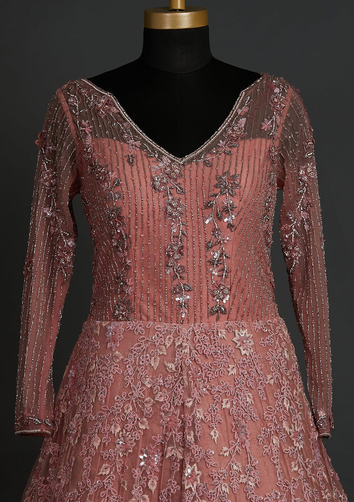 Pink Cutdana Net Designer Gown - koskii
