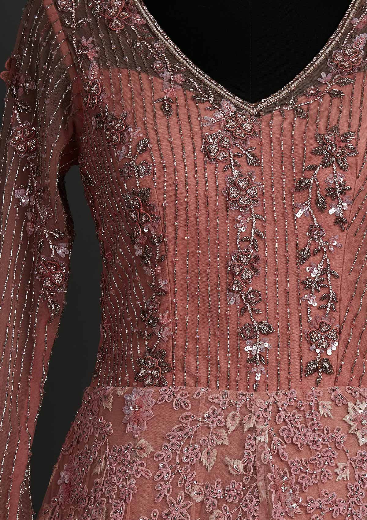 Pink Cutdana Net Designer Gown - koskii
