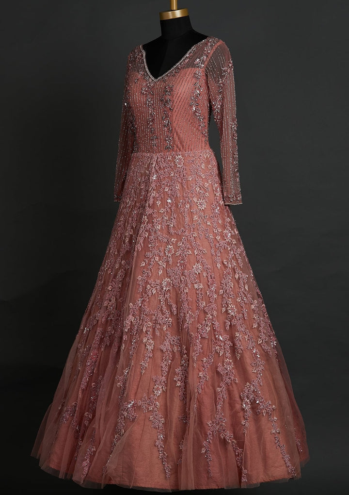 Pink Cutdana Net Designer Gown - koskii