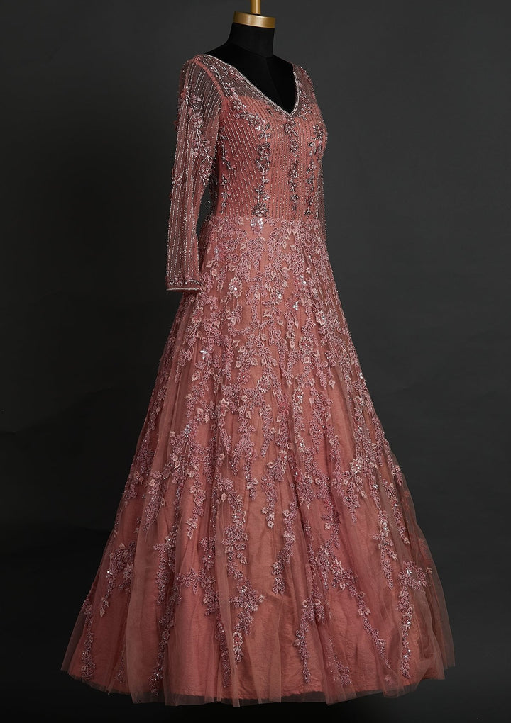 Pink Cutdana Net Designer Gown - koskii