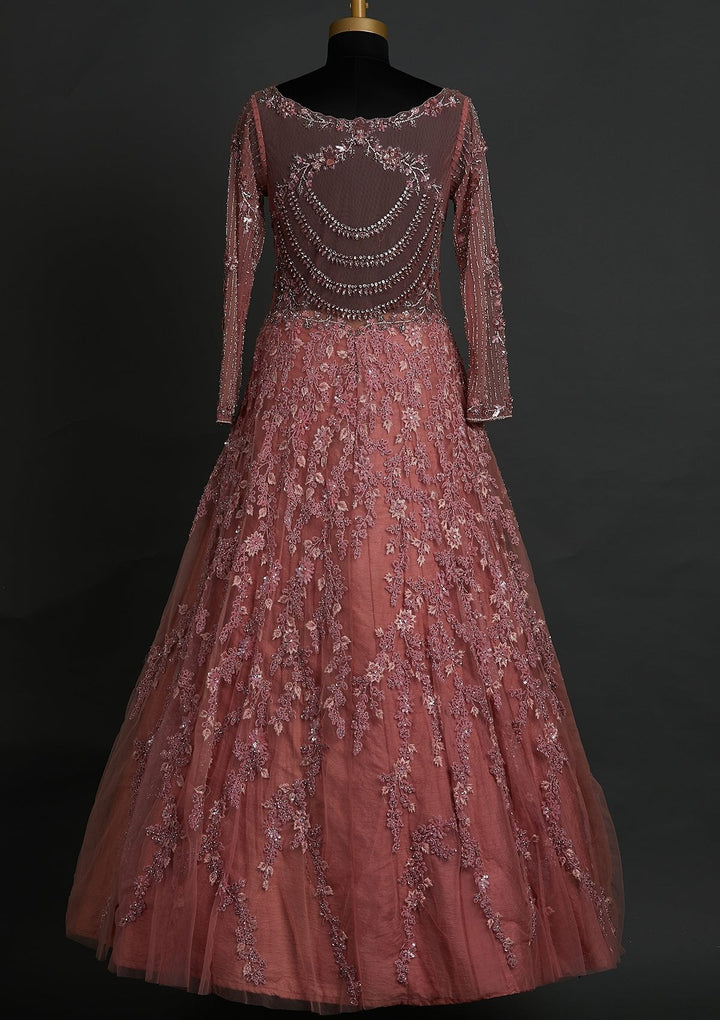 Pink Cutdana Net Designer Gown - koskii