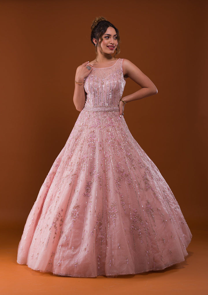 Pink Cutdana Net Designer Gown-Koskii