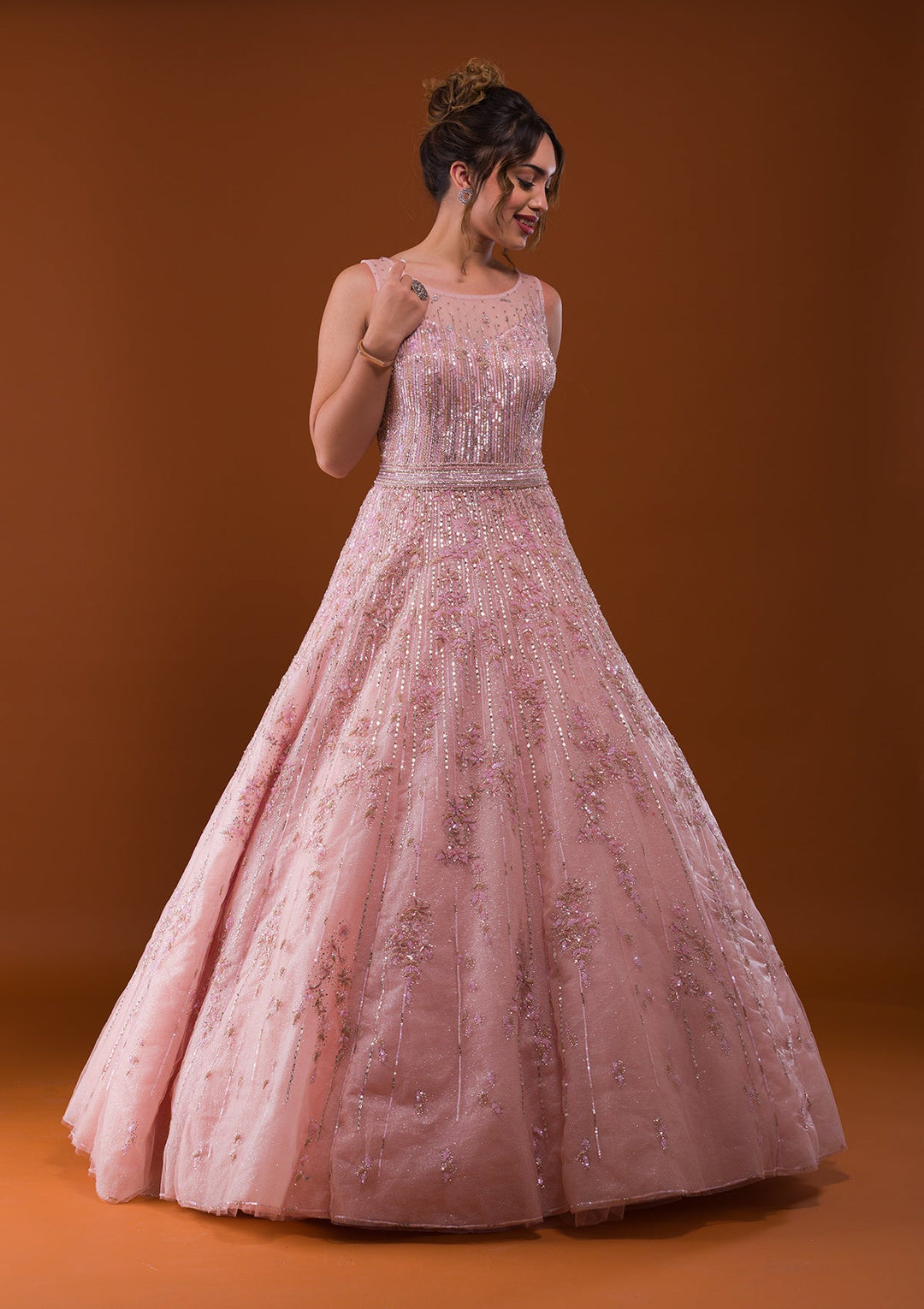 Pink Cutdana Net Designer Gown-Koskii