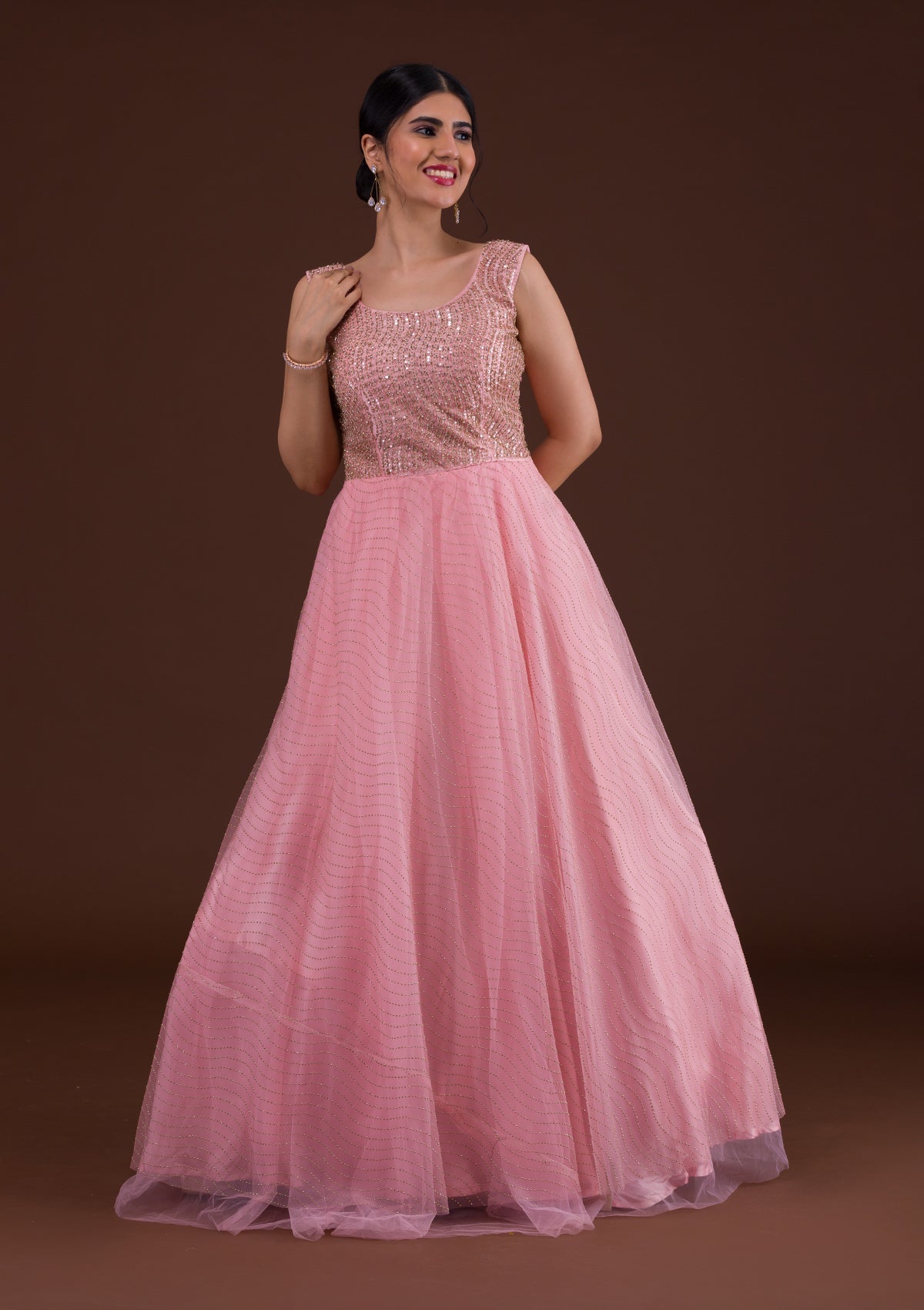 Pink Cutdana Net Designer Gown-Koskii
