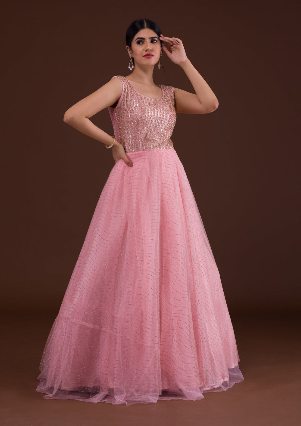 Pink Cutdana Net Designer Gown-Koskii