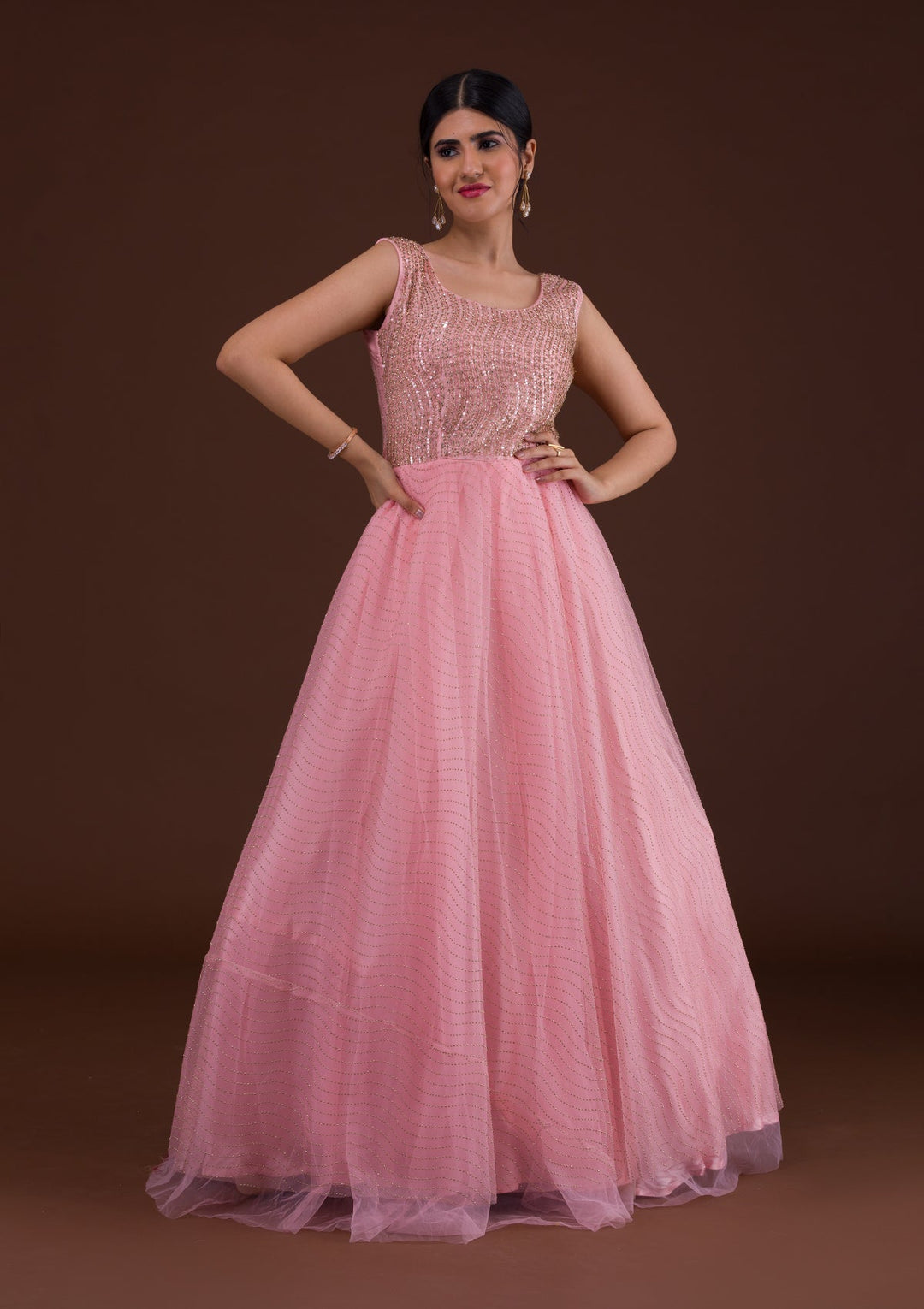 Pink Cutdana Net Designer Gown-Koskii