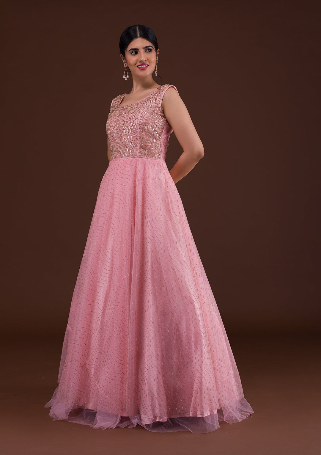Pink Cutdana Net Designer Gown-Koskii