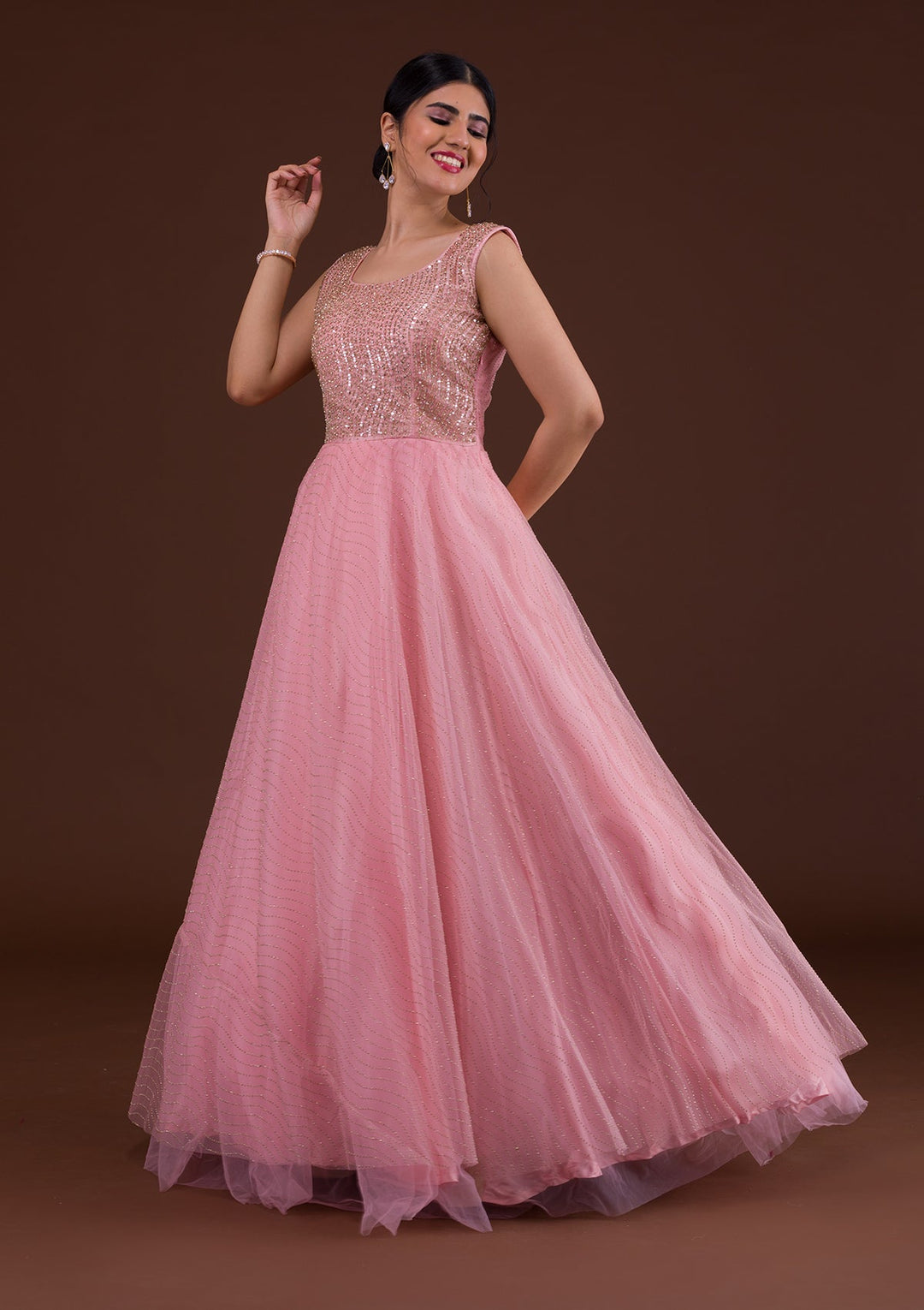 Pink Cutdana Net Designer Gown-Koskii