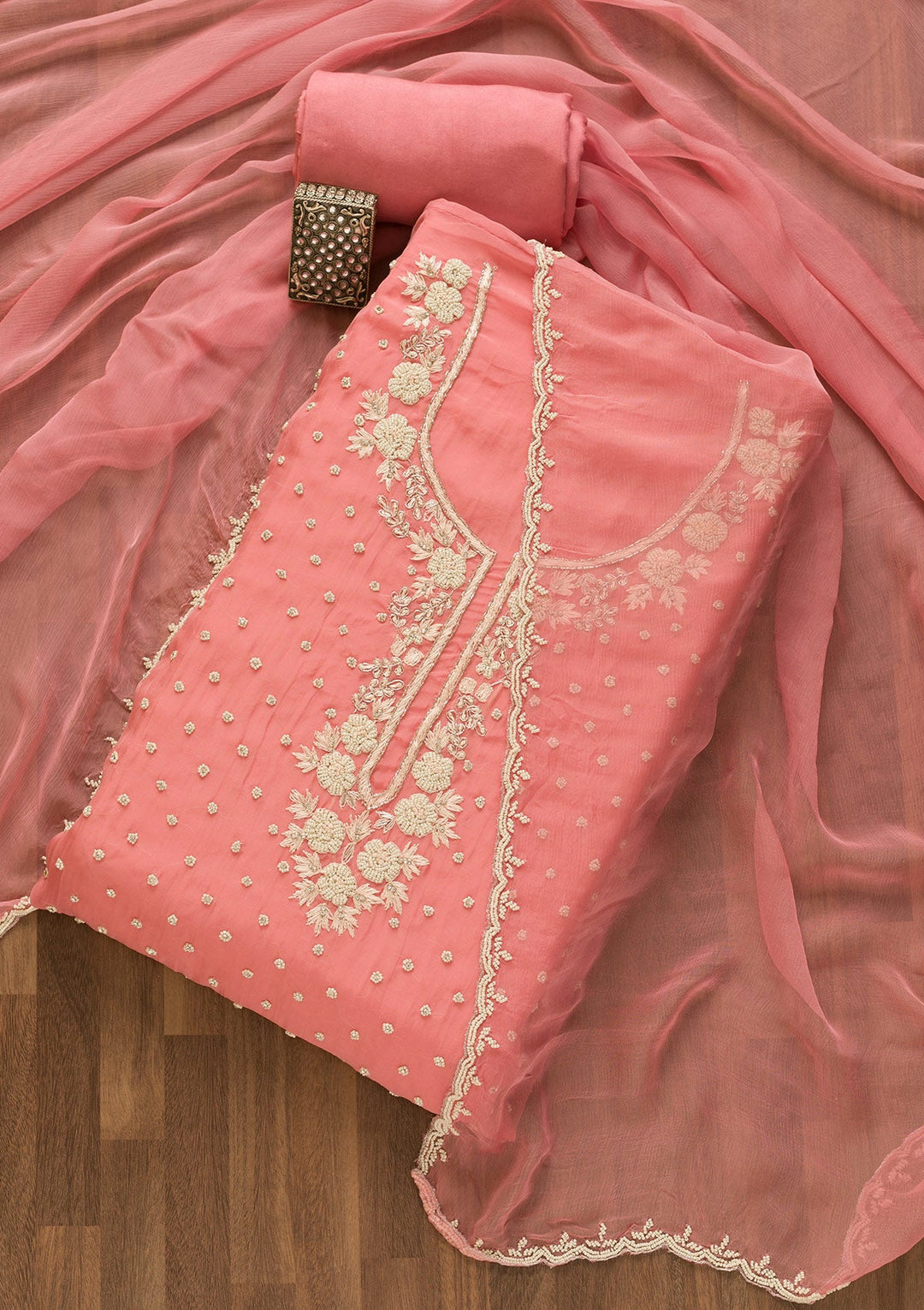 Pink Cutdana Organza Unstitched Salwar Kameez-Koskii