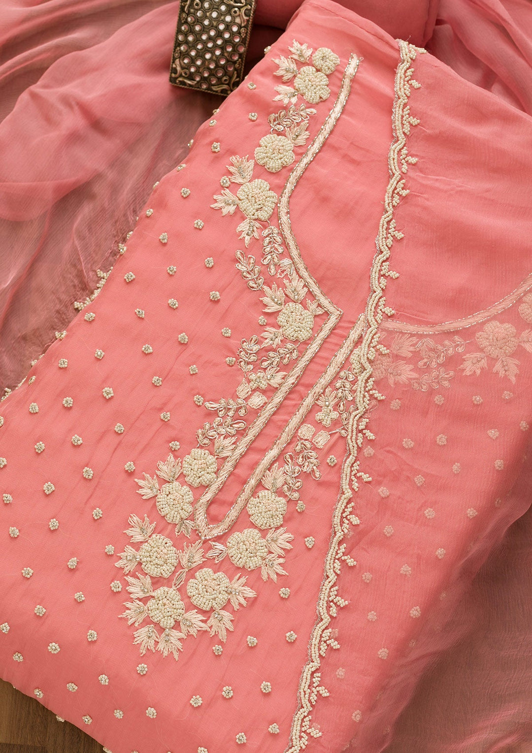 Pink Cutdana Organza Unstitched Salwar Kameez-Koskii