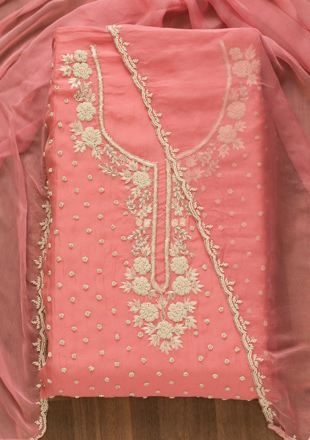 Pink Cutdana Organza Unstitched Salwar Kameez-Koskii