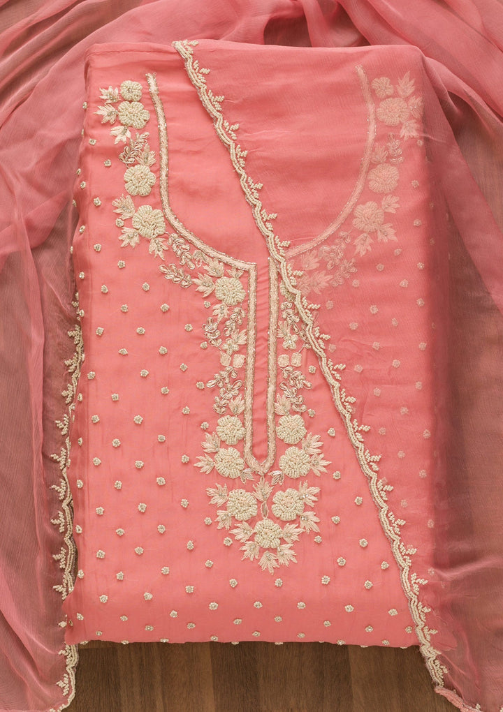 Pink Cutdana Organza Unstitched Salwar Kameez-Koskii