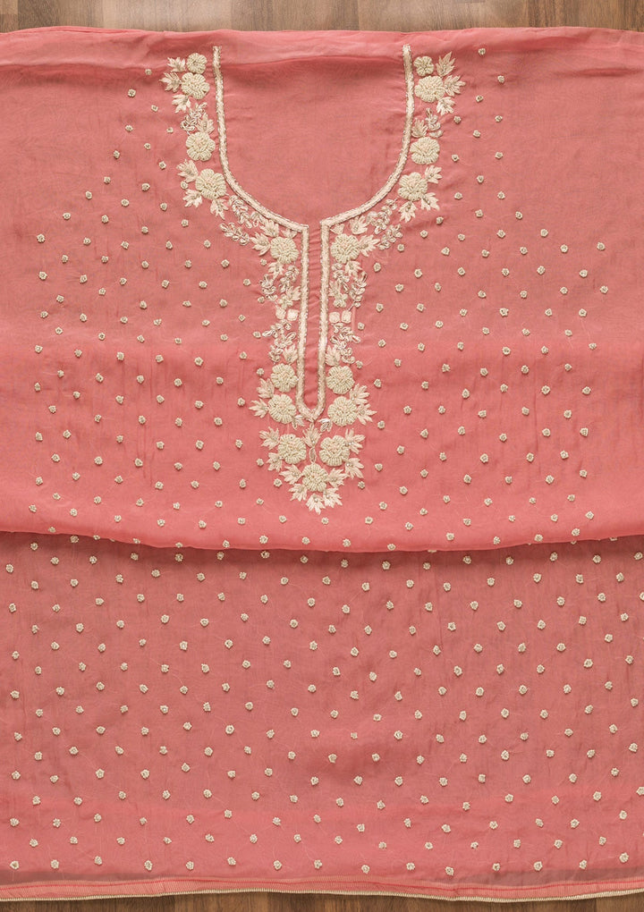 Pink Cutdana Organza Unstitched Salwar Kameez-Koskii
