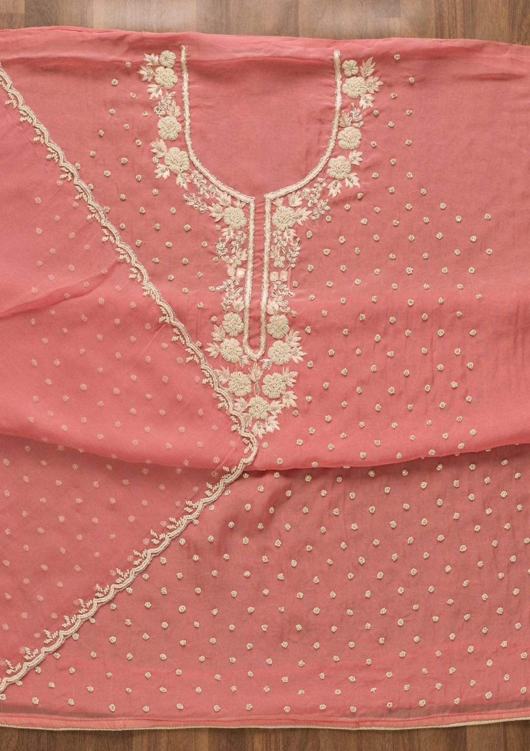 Pink Cutdana Organza Unstitched Salwar Kameez-Koskii