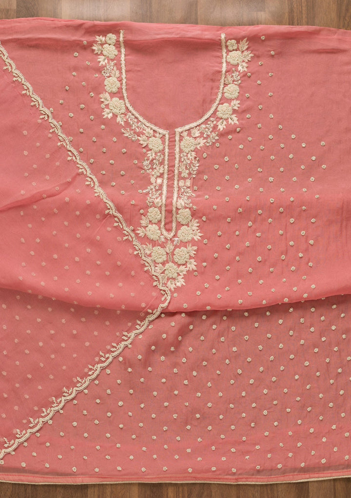 Pink Cutdana Organza Unstitched Salwar Kameez-Koskii