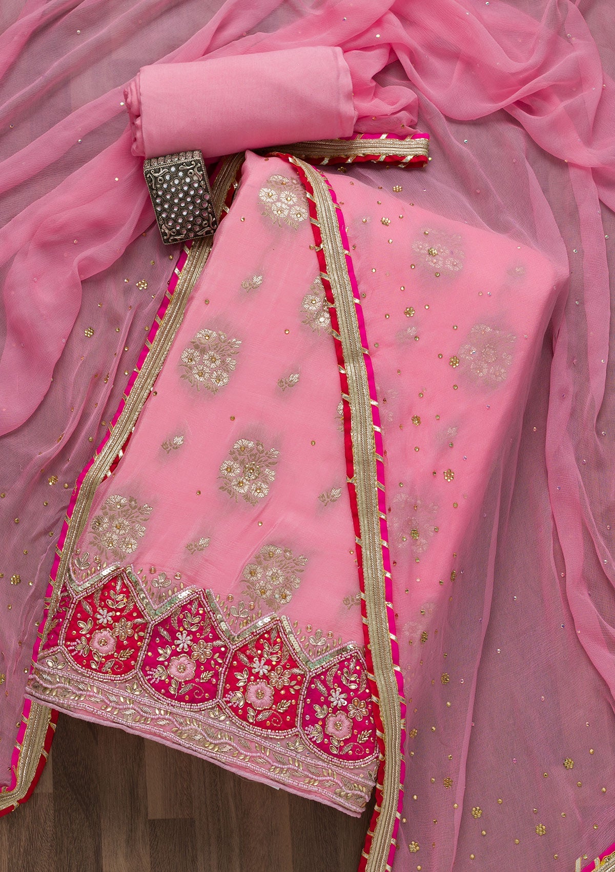 Pink Cutdana Semi Crepe Unstitched Salwar Suit-Koskii