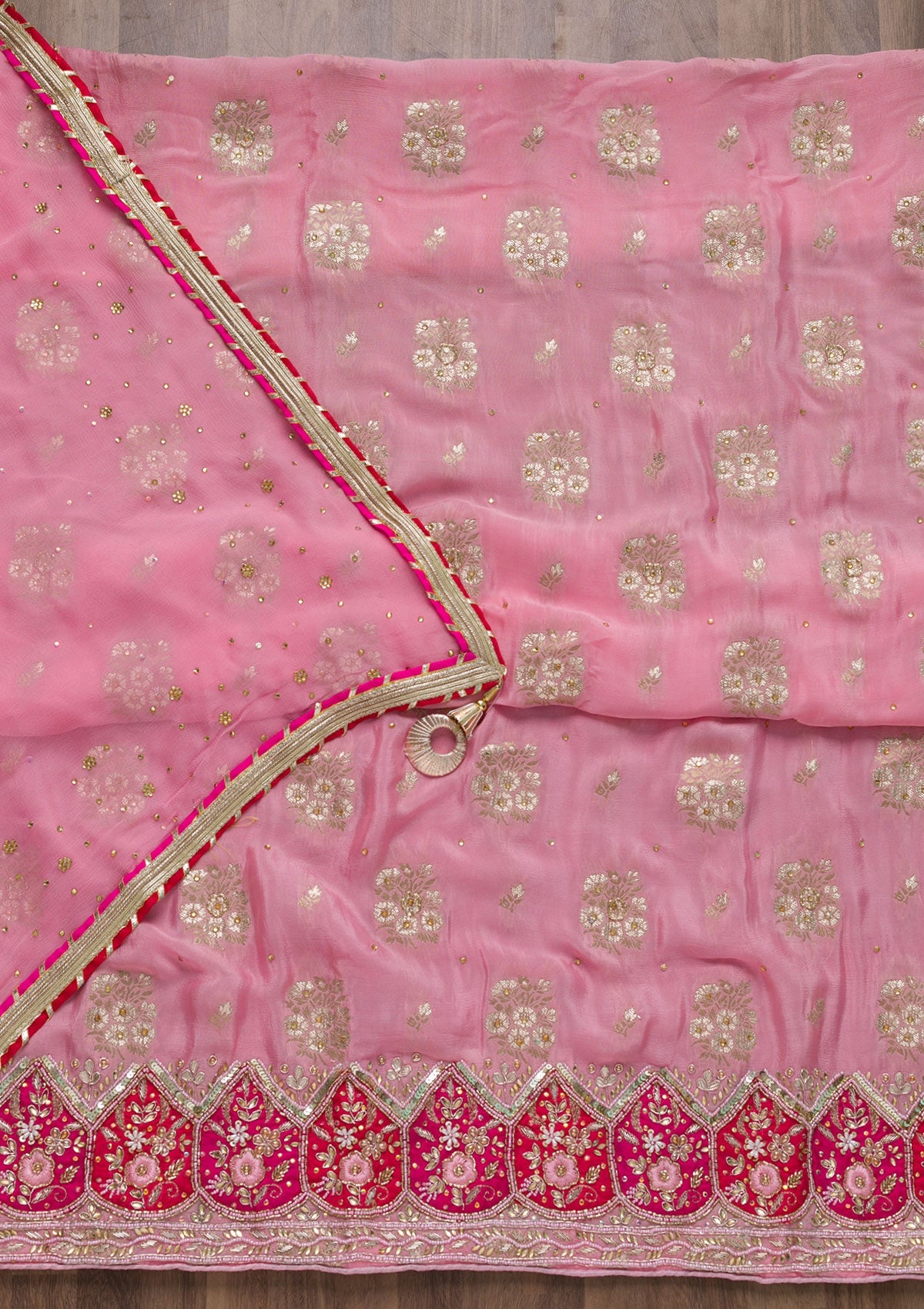 Pink Cutdana Semi Crepe Unstitched Salwar Suit-Koskii