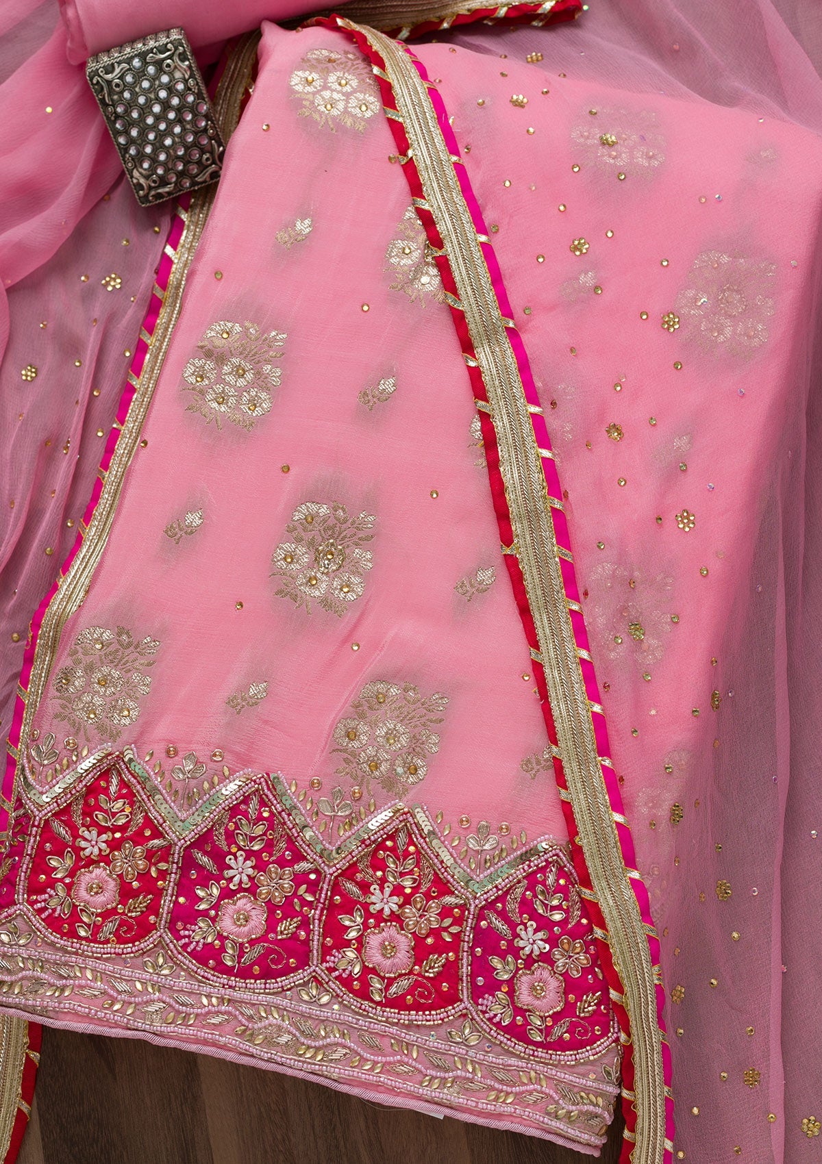 Pink Cutdana Semi Crepe Unstitched Salwar Suit-Koskii