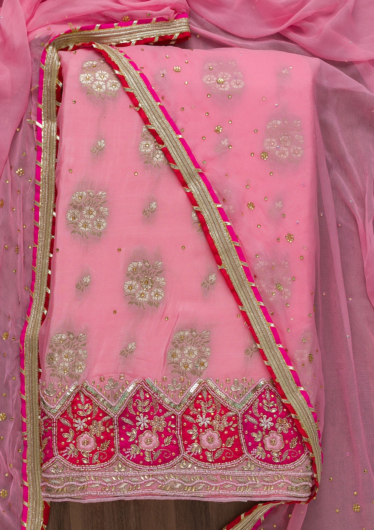 Pink Cutdana Semi Crepe Unstitched Salwar Suit-Koskii