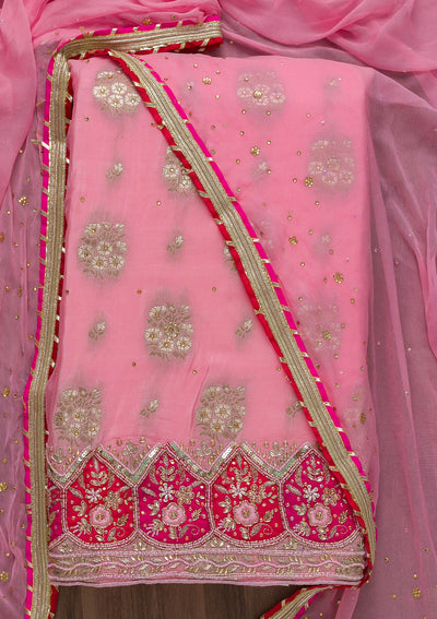 Pink Cutdana Semi Crepe Unstitched Salwar Suit-Koskii