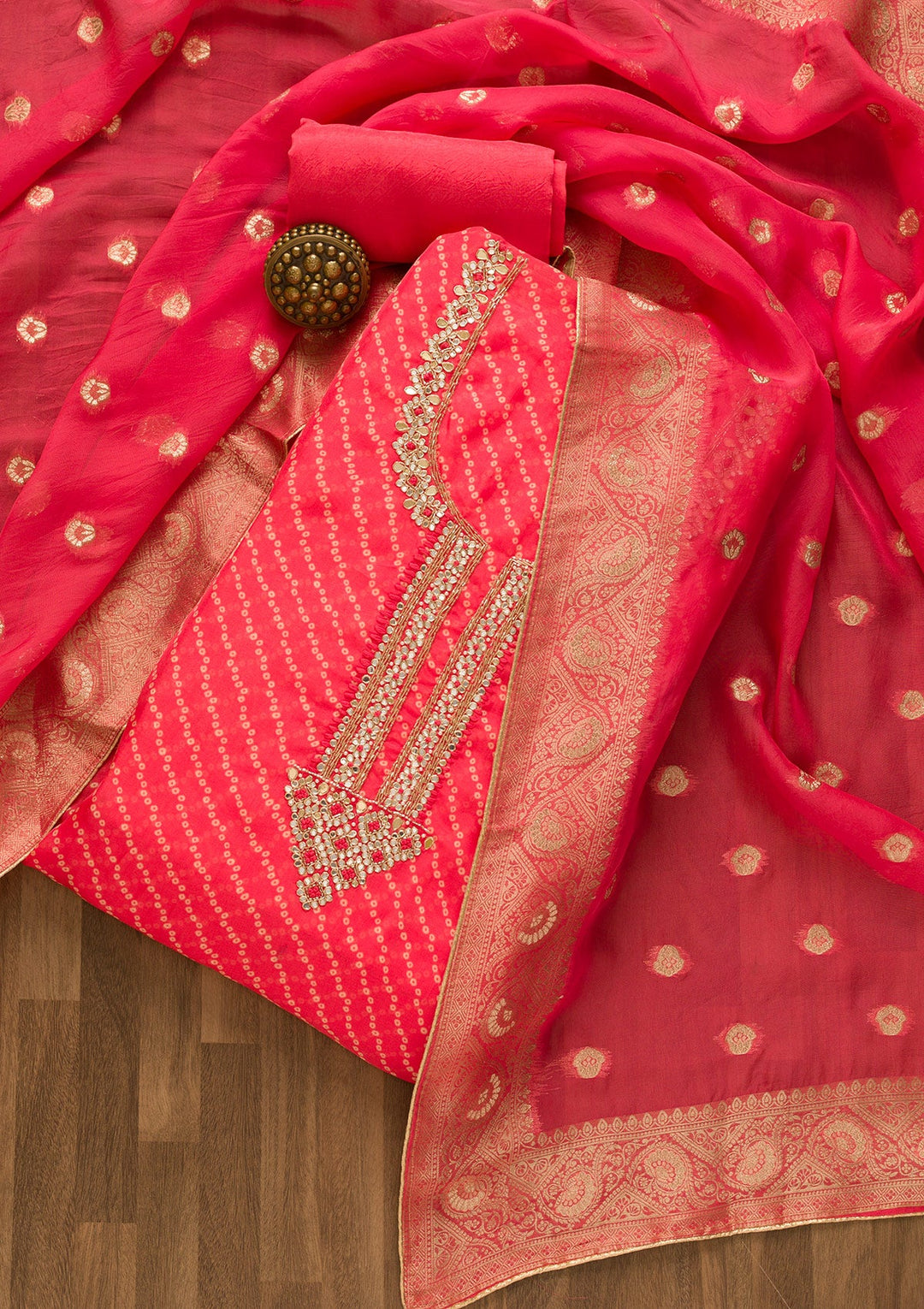 Pink Cutdana Tissue Unstitched Salwar Kameez-Koskii
