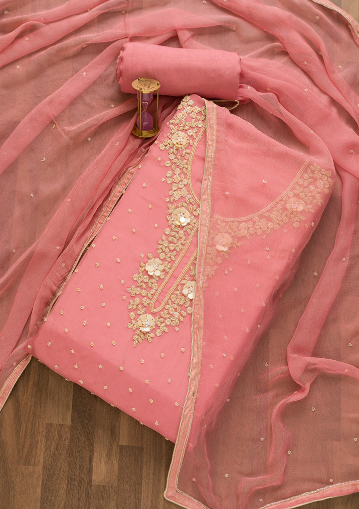 Pink Cutdana Organza Unstitched Salwar Kameez-Koskii