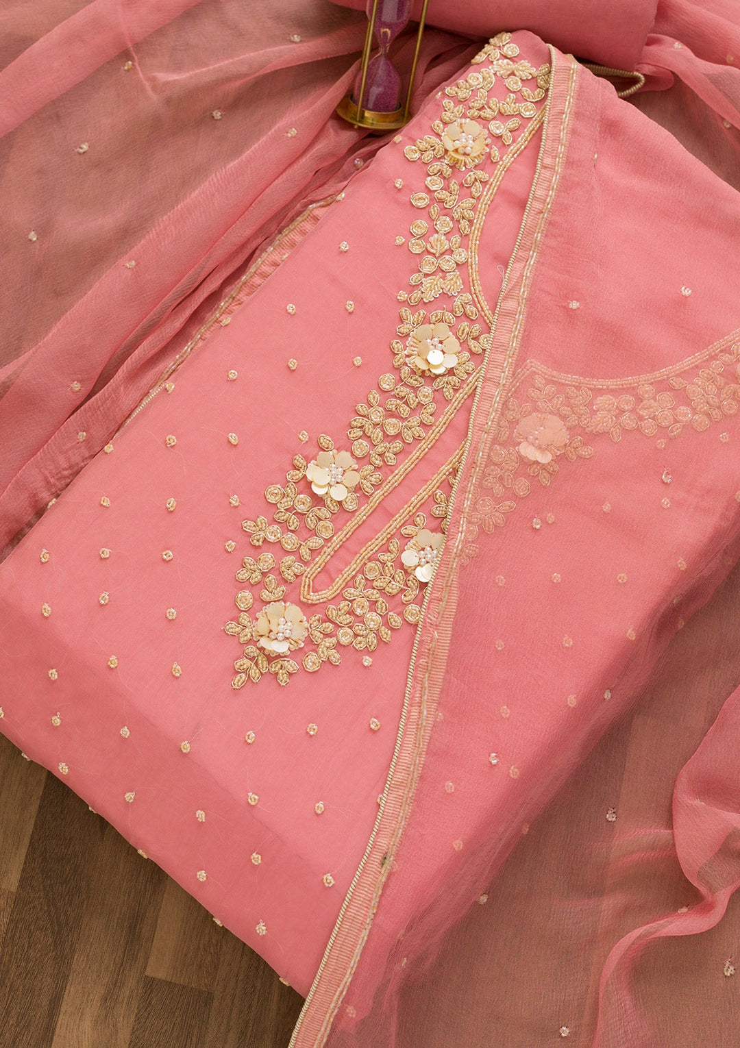 Pink Cutdana Organza Unstitched Salwar Kameez-Koskii