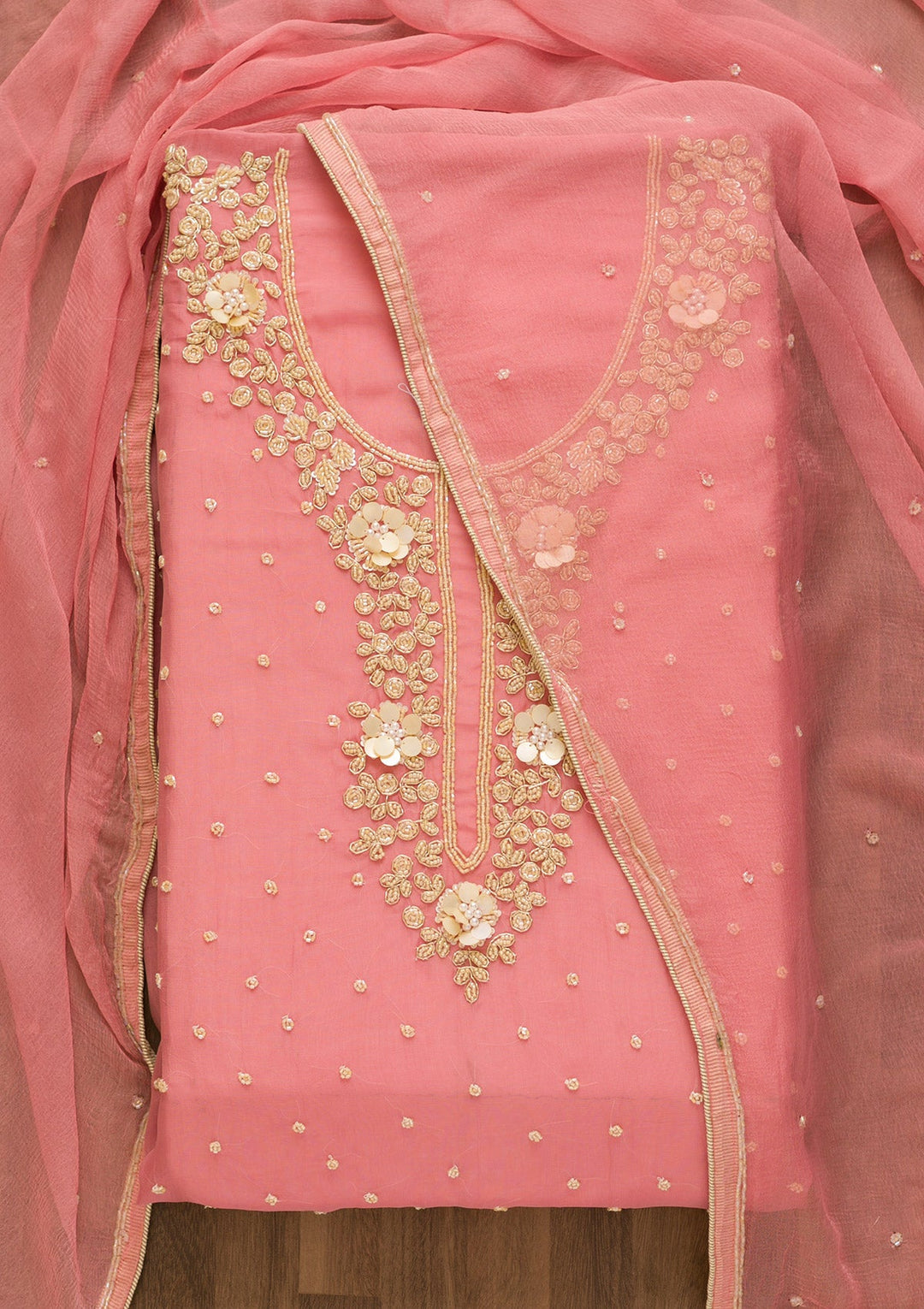 Pink Cutdana Organza Unstitched Salwar Kameez-Koskii