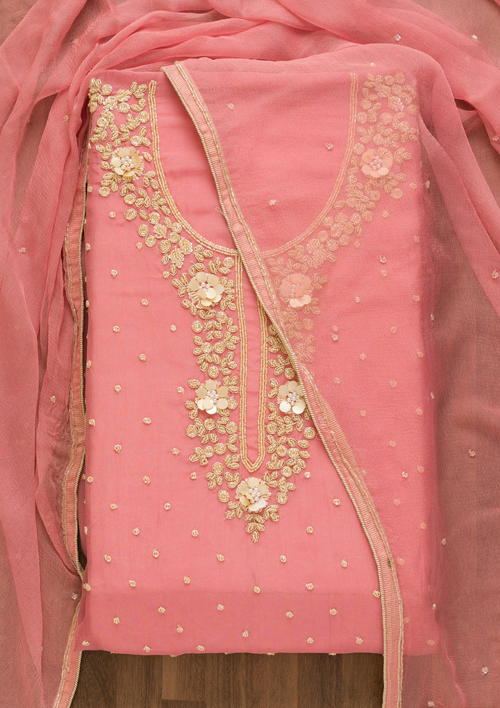Pink Cutdana Organza Unstitched Salwar Kameez-Koskii