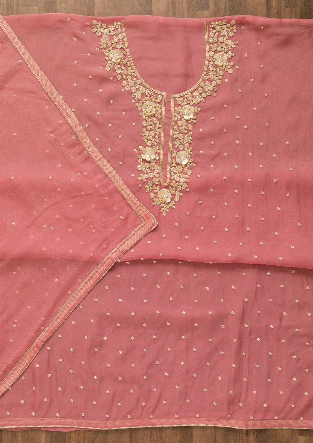 Pink Cutdana Organza Unstitched Salwar Kameez-Koskii