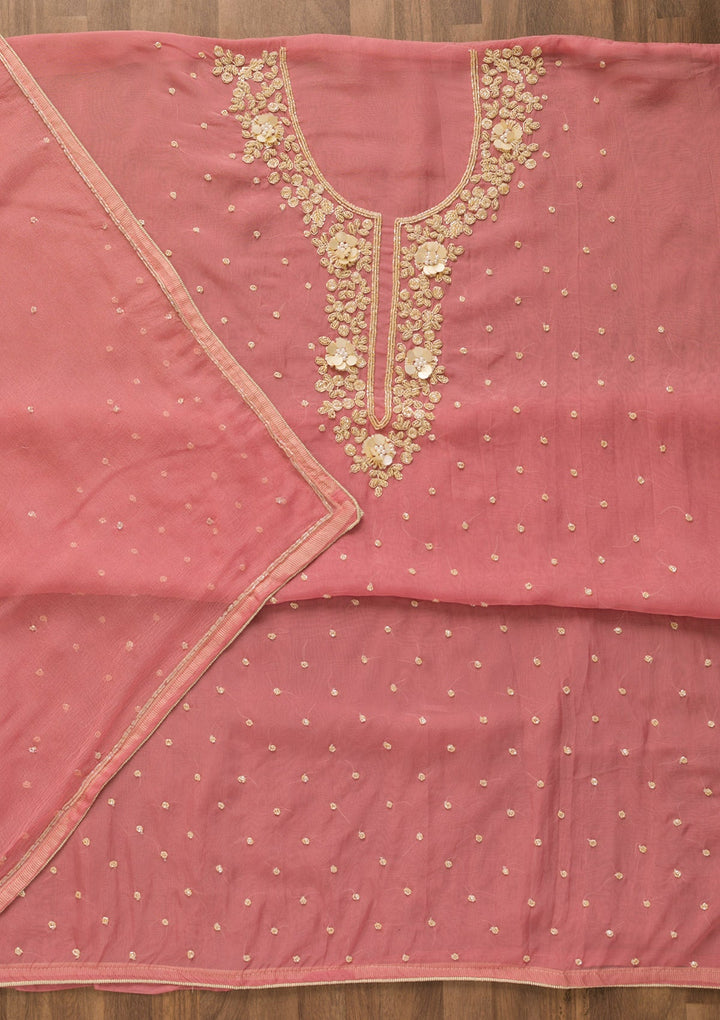 Pink Cutdana Organza Unstitched Salwar Kameez-Koskii