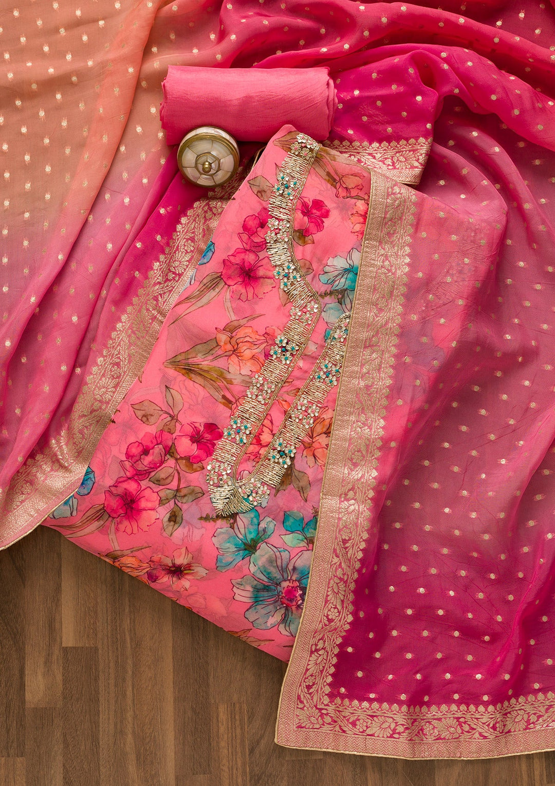 Pink Cutdana Tissue Unstitched Salwar Kameez-Koskii