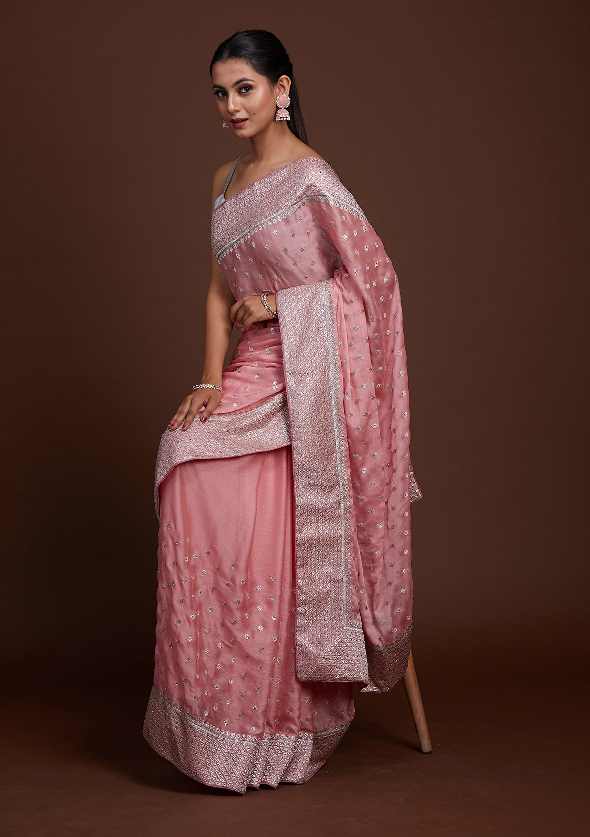 Pink Silver Zariwork Georgette Saree-Koskii