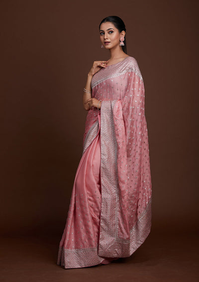 Pink Silver Zariwork Georgette Saree-Koskii