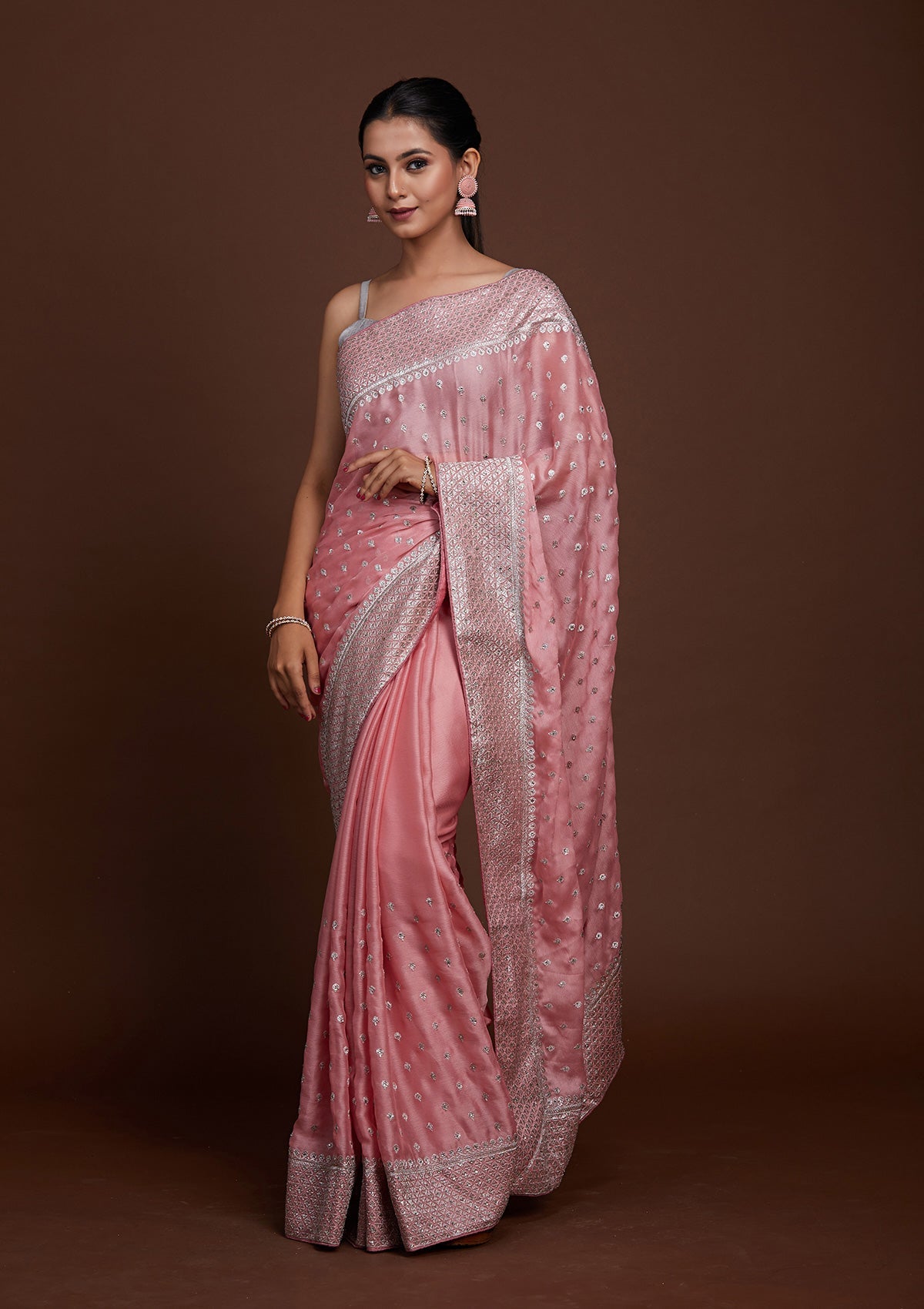 Pink Silver Zariwork Georgette Saree-Koskii