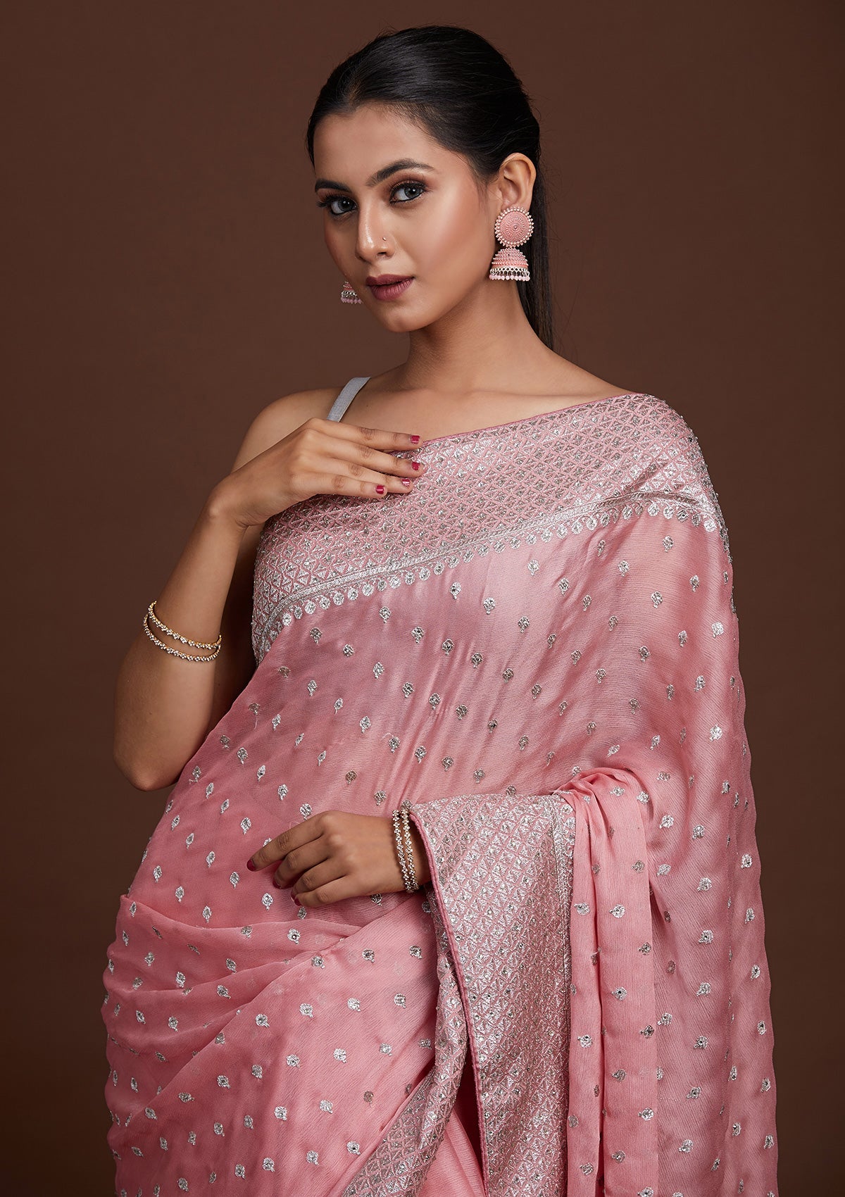 Pink Silver Zariwork Georgette Saree-Koskii