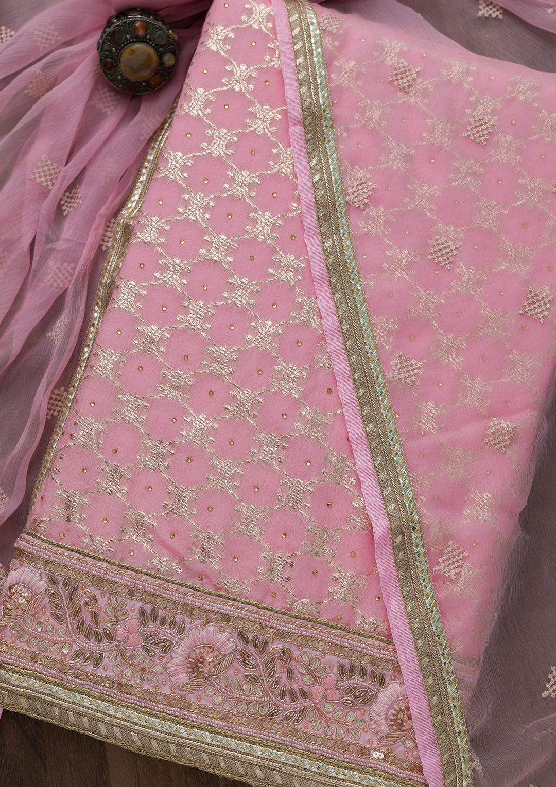 Pink Gotapatti Art Silk Unstitched Salwar Suit-Koskii