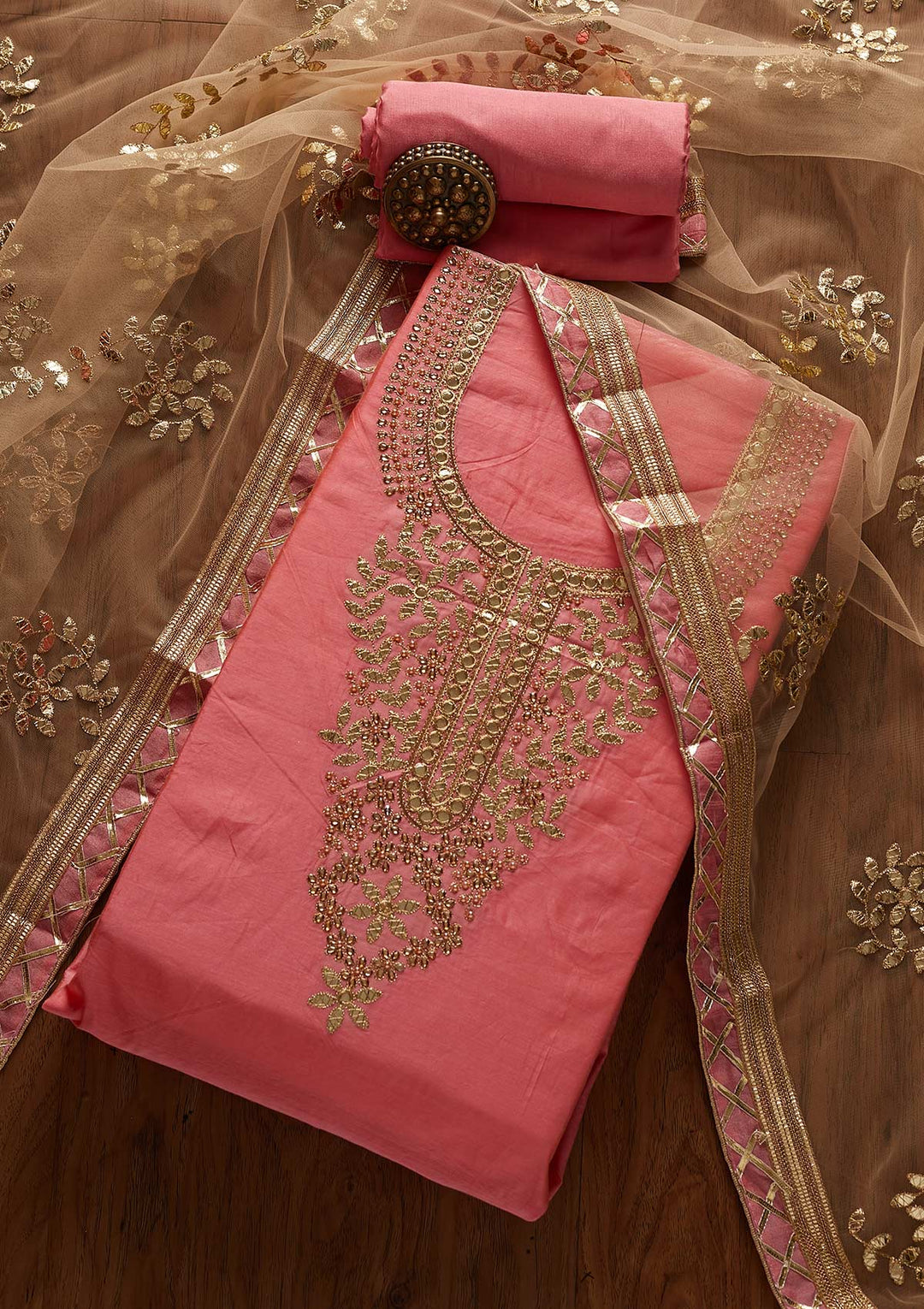 Pink Gotapatti Chanderi Designer Unstitched Salwar Suit - koskii