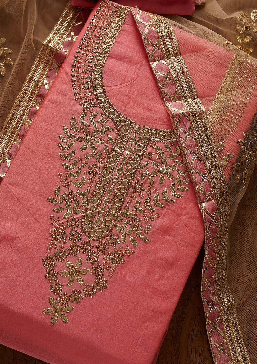 Pink Gotapatti Chanderi Designer Unstitched Salwar Suit - koskii