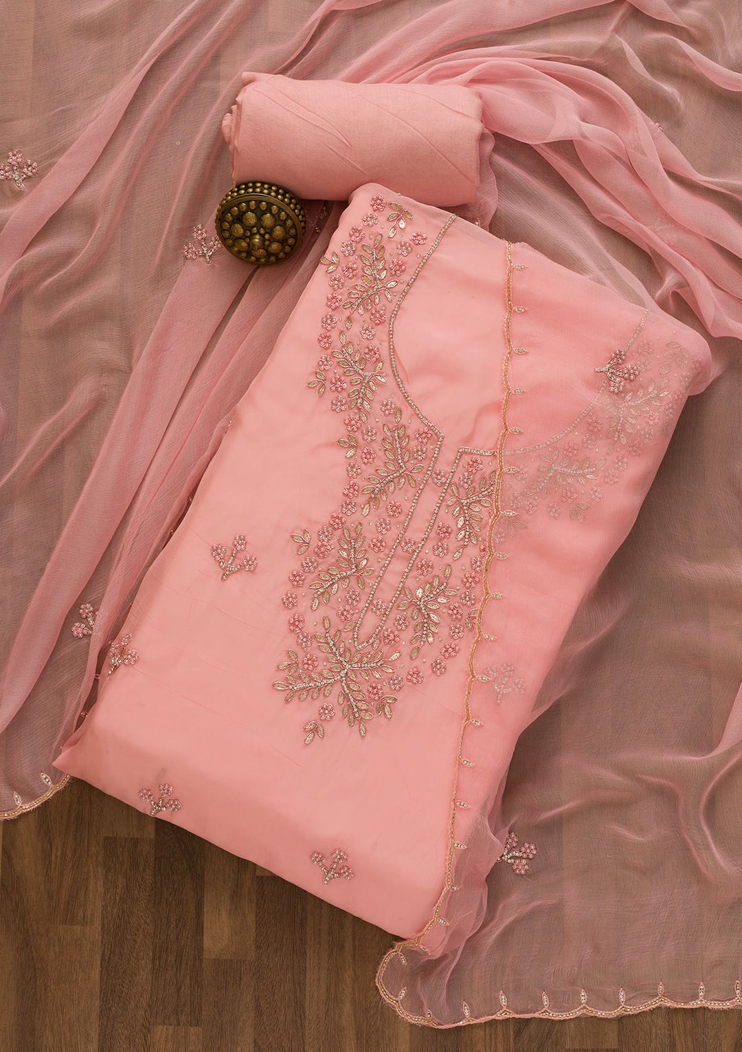 Pink Gotapatti Organza Unstitched Salwar Kameez-Koskii