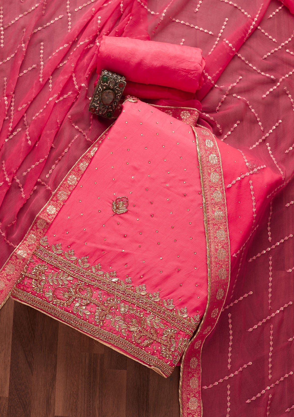 Pink Gotapatti Semi Crepe Unstitched Salwar Suit-Koskii