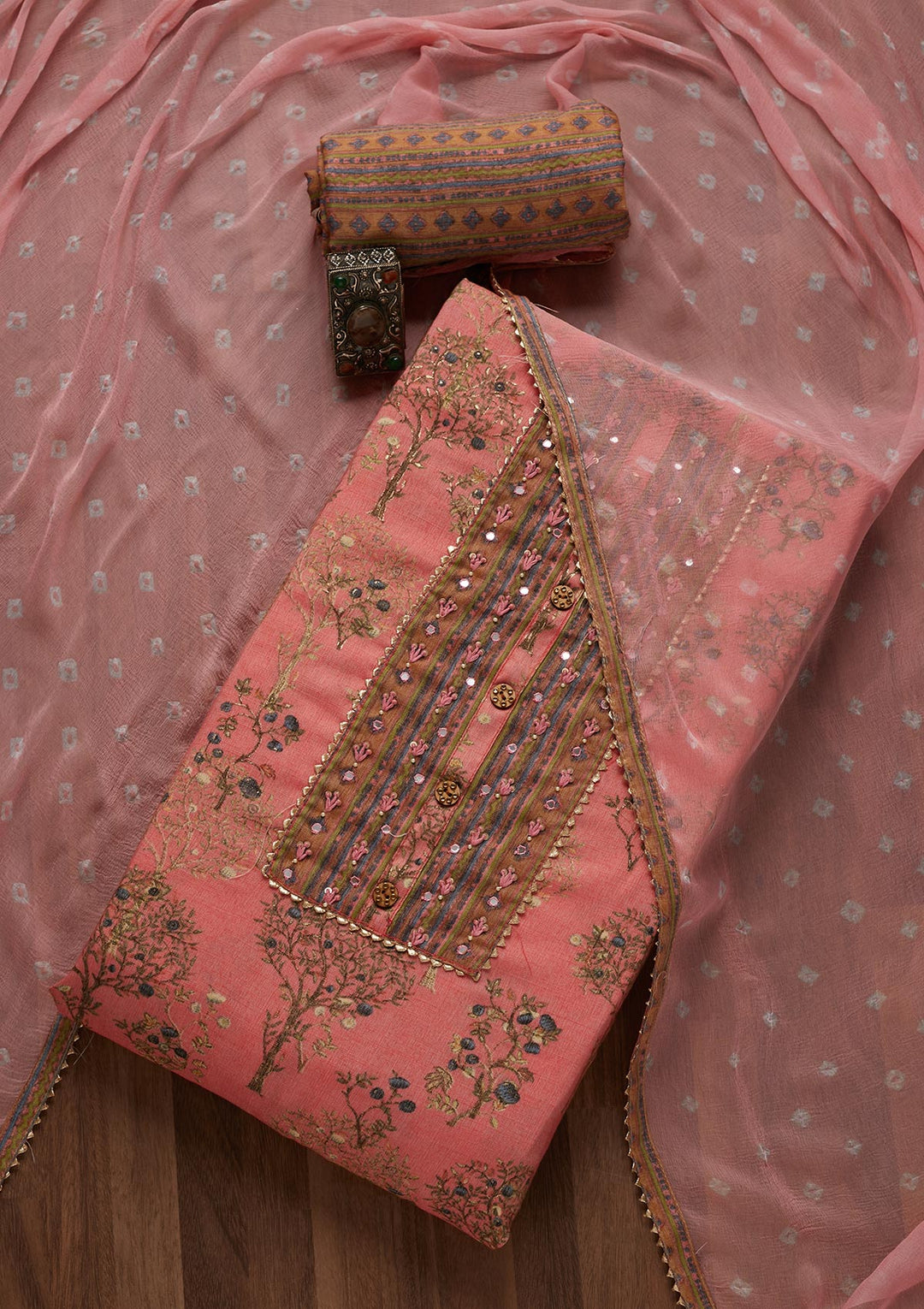 Pink Mirrorwork Cotton Unstitched Salwar Suit- Koskii