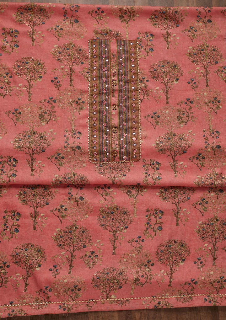 Pink Mirrorwork Cotton Unstitched Salwar Suit - Koskii