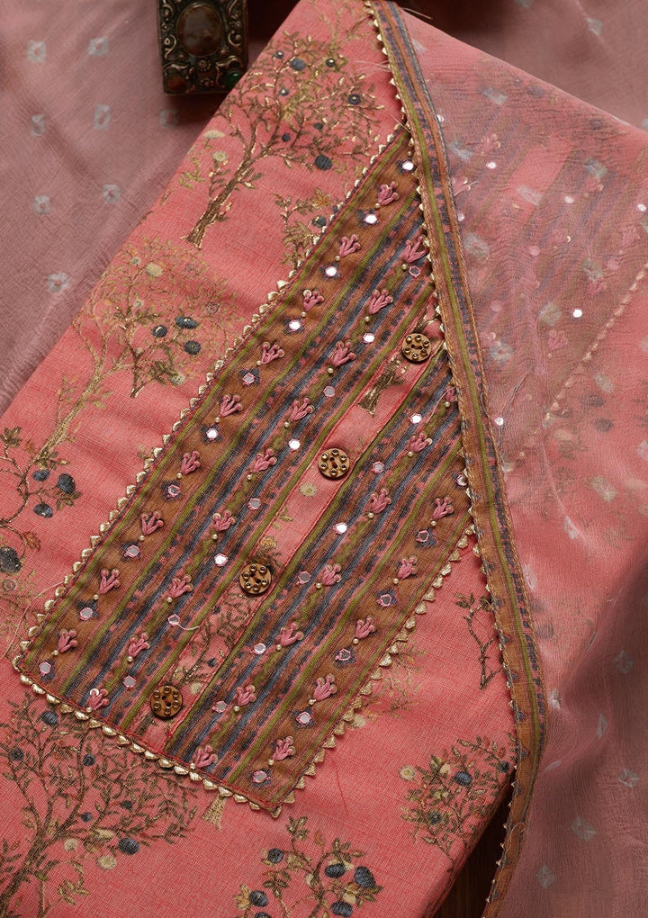 Pink Mirrorwork Cotton Unstitched Salwar Suit - Koskii