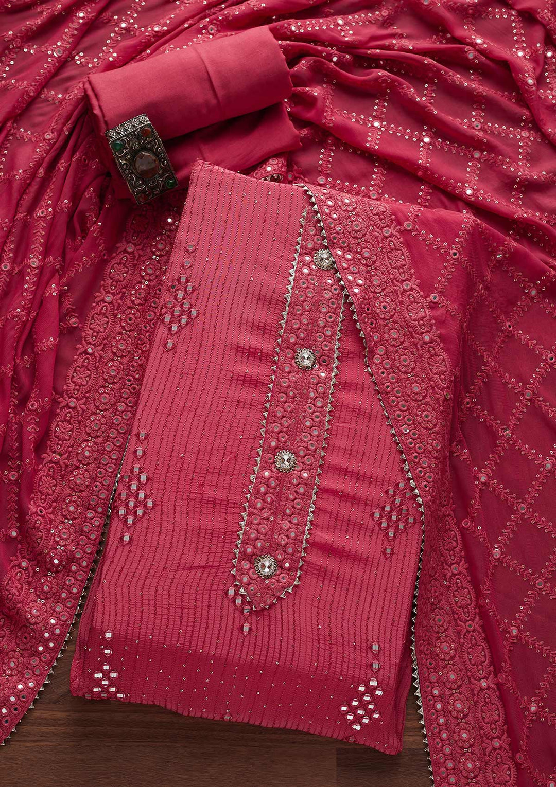 Pink Mirrorwork Georgette Designer Unstitched Salwar Suit - Koskii