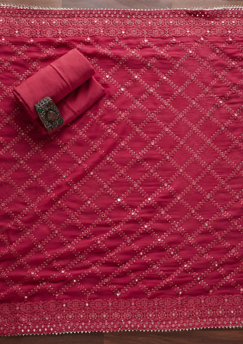 Pink Mirrorwork Georgette Designer Unstitched Salwar Suit - Koskii