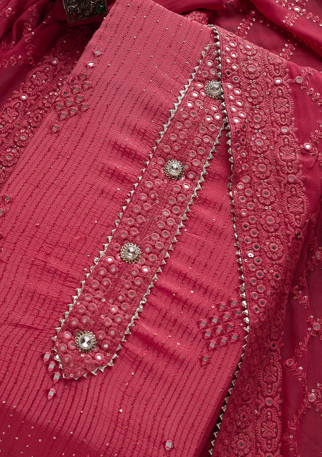 Pink Mirrorwork Georgette Designer Unstitched Salwar Suit - Koskii