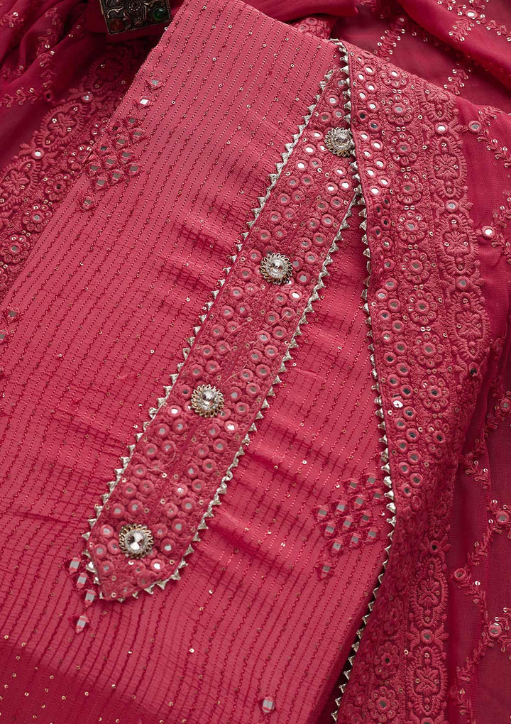Pink Mirrorwork Georgette Designer Unstitched Salwar Suit - Koskii